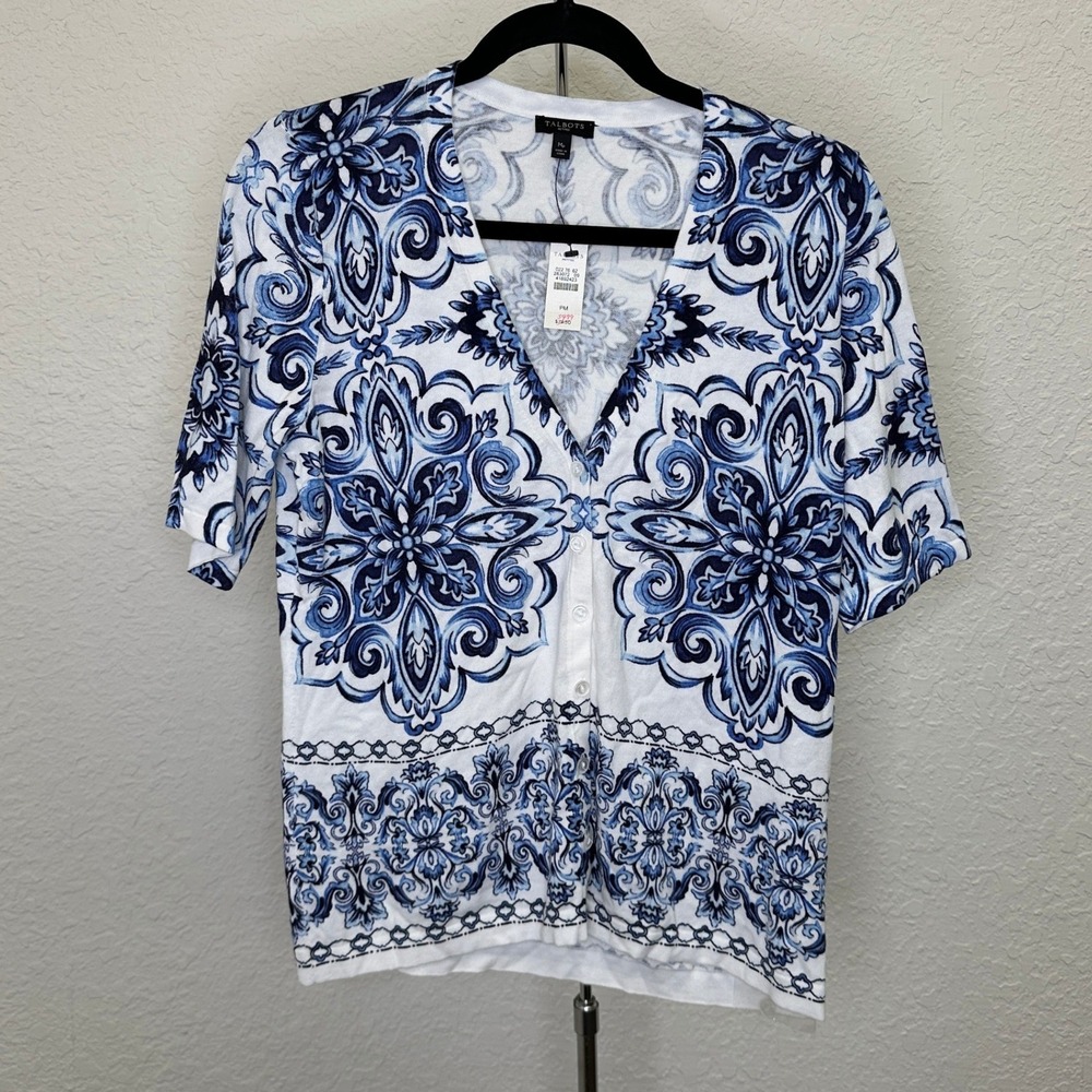 Talbots Petites Blue White Damask Medallion Short Sleeve Cardigan Sweater PM NWT